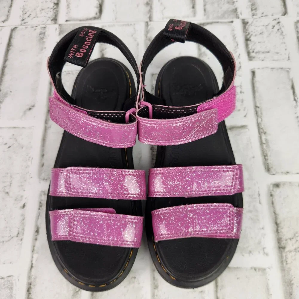 Dr Martens Klaire Junior Sz 5 Hot Pink Glitter Casual Comfort Strappy Hook Loop